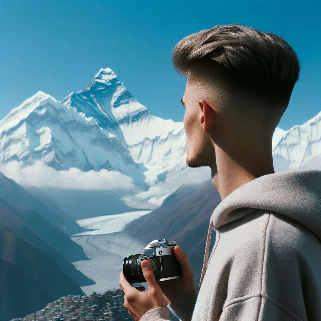 someone gazing at Mount Everest, brand mark